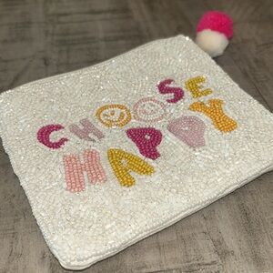 White Sead Beaded Purse “Choose Happy" Pom Pom Accent Pastel Lettering Coquettes